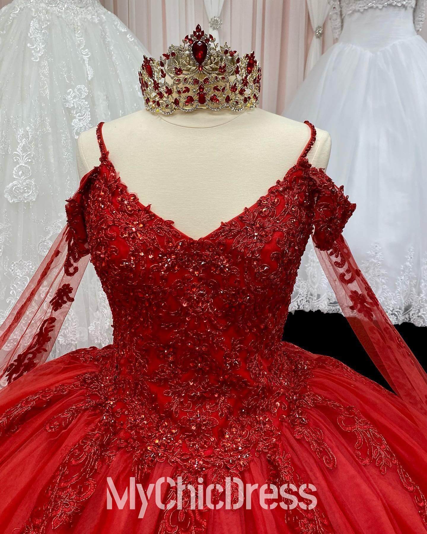 Lace Applique Red Ball Gown Quinceanera Dresses Off the Shoulder