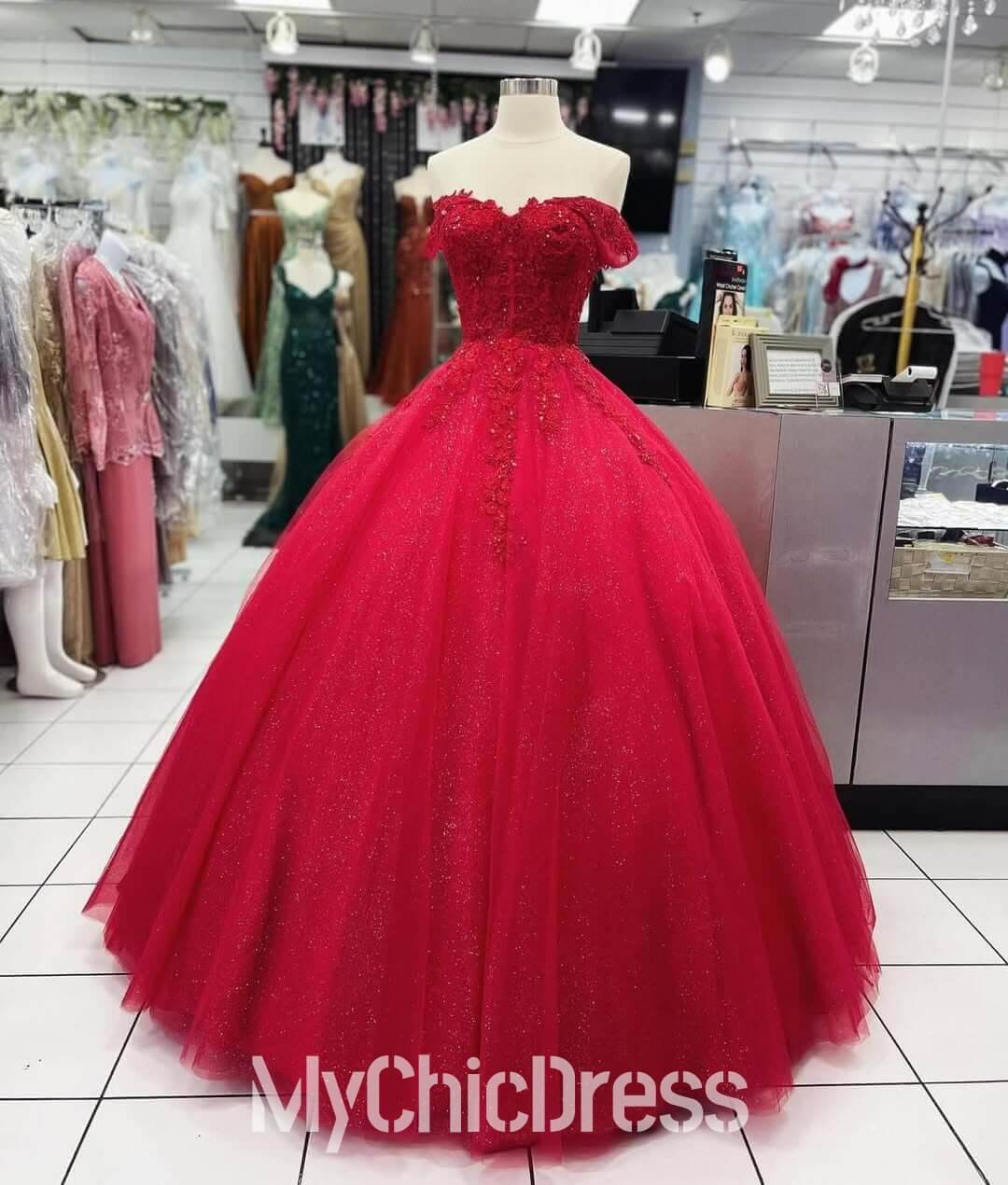 Lace Applique Red Quinceanera Dress Corset Bodice Off the Shoulder
