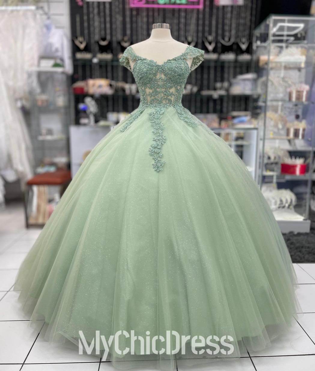 Lace Applique Sage Green Quinceanera Dress Corset Bodice Off the Shoulder