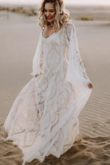 Lace Beach Wedding Dress Boho Deep V-Neck with Flare Sleeves