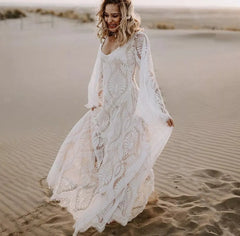 Lace Beach Wedding Dress Boho Deep V-Neck with Flare Sleeves