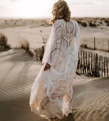 Lace Beach Wedding Dress Boho Deep V-Neck with Flare Sleeves