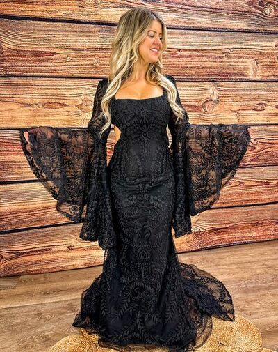 Lace Black Boho Wedding Dress with Bell Sleeves for Whimsical Boho Bride