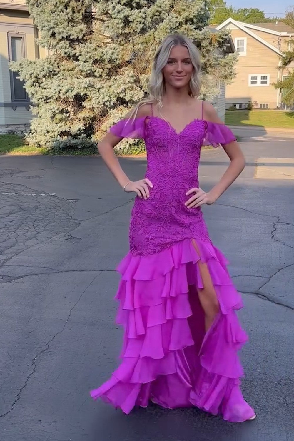 New Tiered purple Lace Mermaid Prom Dresses Ruffles Cold Shoulder
