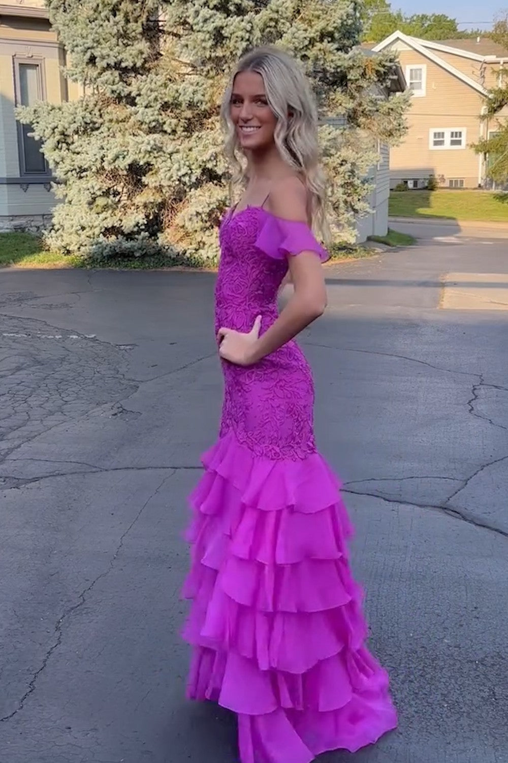 New Tiered Lace Mermaid Prom purple Dresses Ruffles Cold Shoulder