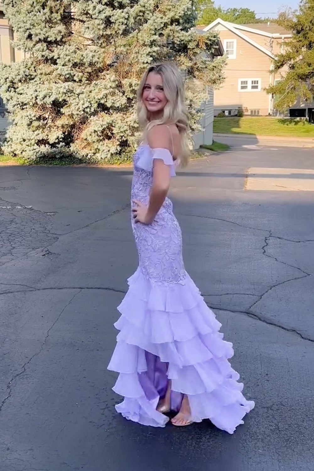 New Tiered Lace Mermaid lavender Prom Dresses Ruffles Cold Shoulder