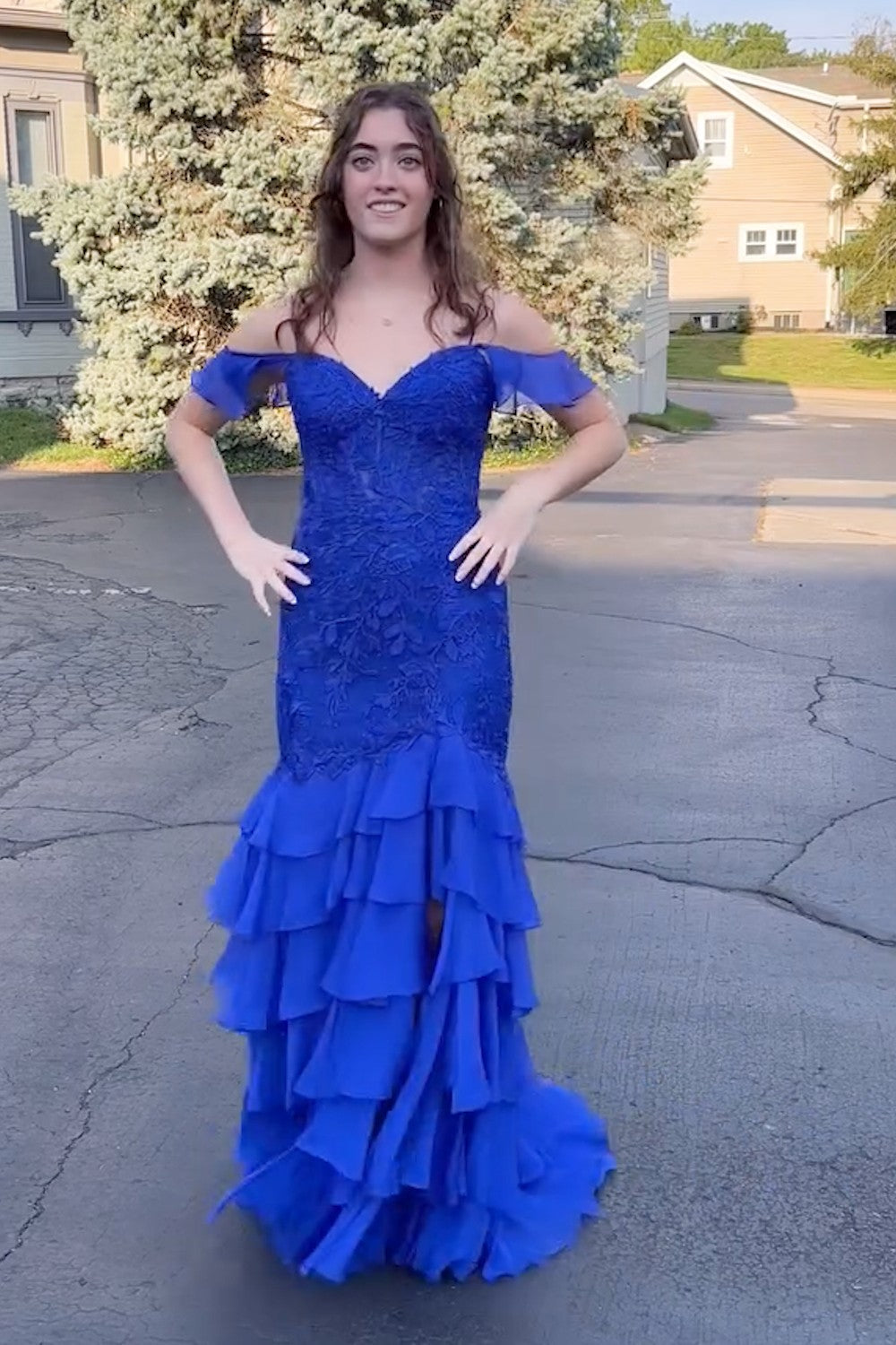 New Tiered Lace Mermaid Royal blue Prom Dresses Ruffles Cold Shoulder