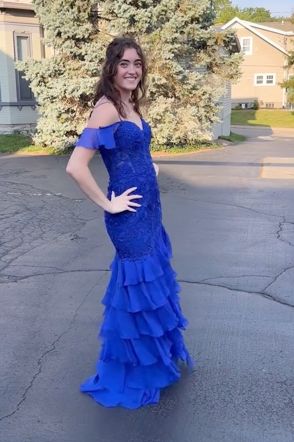 New Tiered Lace Mermaid lavender Prom Dresses Ruffles Cold Shoulder