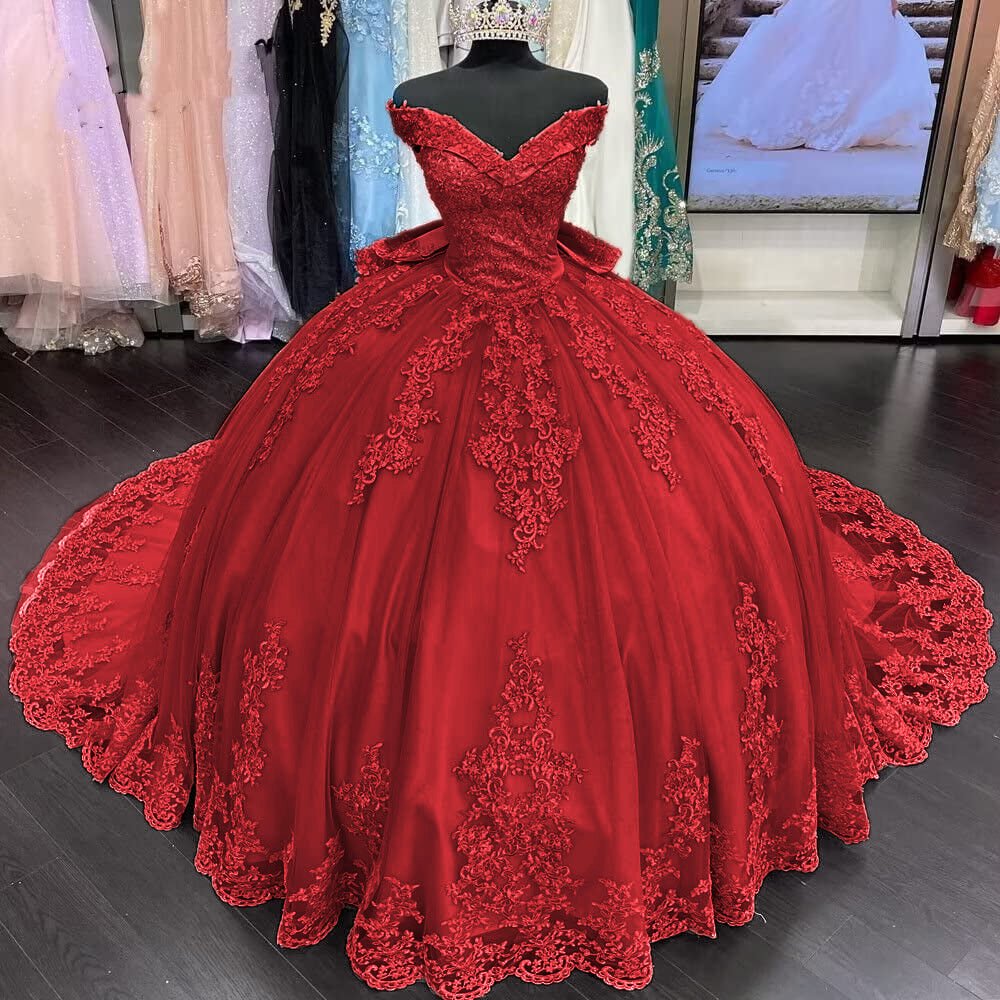 red quinceanera dress with floral lace applique and an off-shoulder