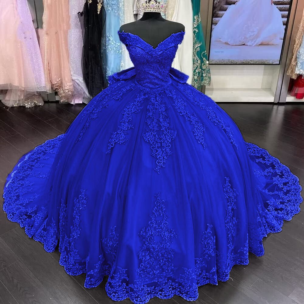 royal blue quinceanera dress with floral lace applique