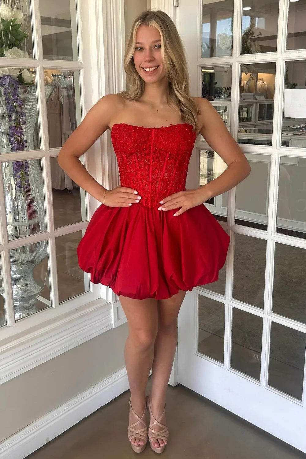 Lace Red Homecoming Dress Strapless Corset Beaded Bubble Hem