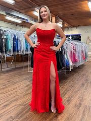 Lace Red Long Prom Dresses Strapless Formal Gown with Slit