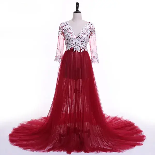 Lace Sleeves Lace Pink Maternity Dresses for Photoshoot Tulle Skirt