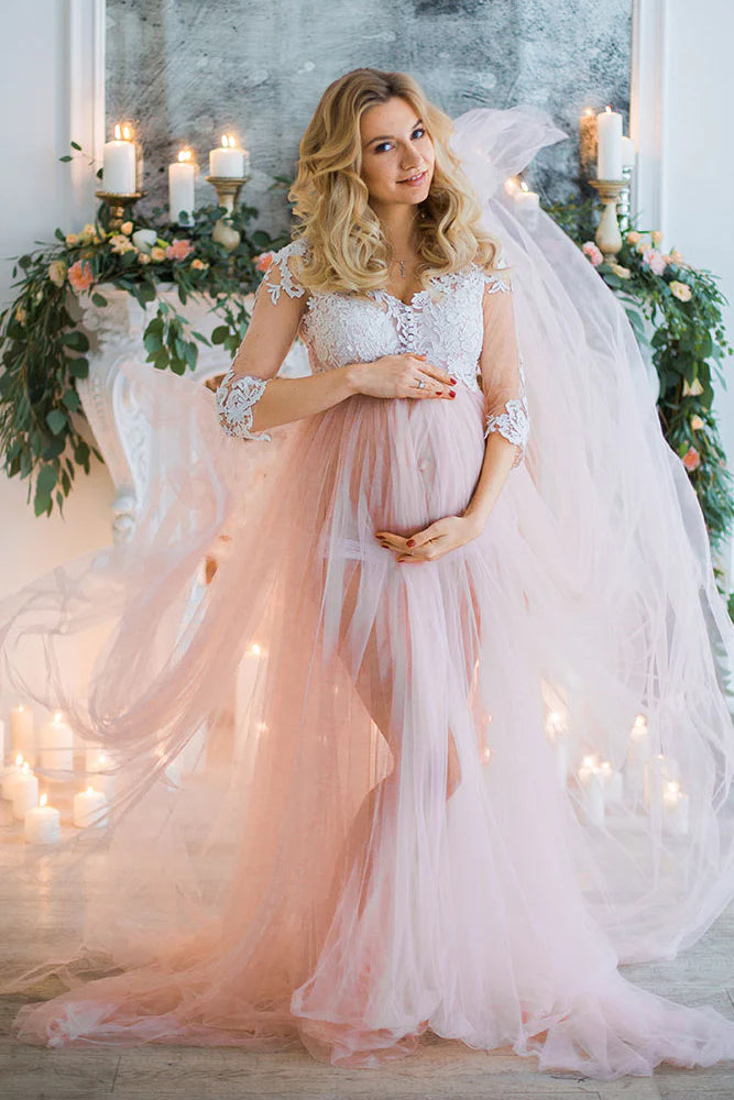 Lace Sleeves Lace Pink Maternity Dresses for Photoshoot Tulle Skirt