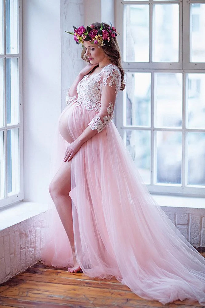 Lace Sleeves Lace Pink Maternity Dresses for Photoshoot Tulle Skirt