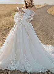 Gorgeous Long Puff Sleeve Beach Tulle Lace Wedding Dresses Mychicdress