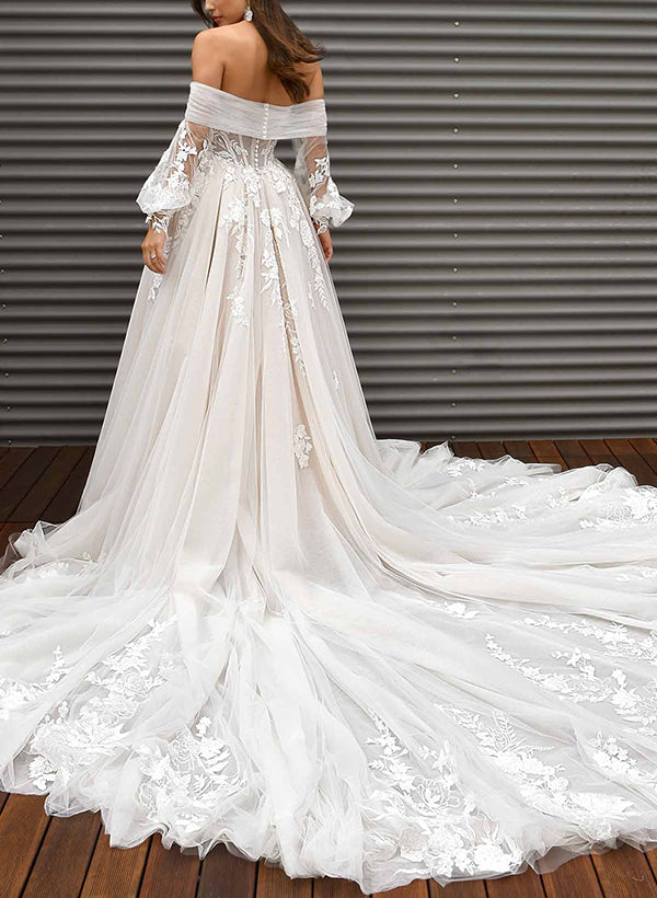 Gorgeous Long Puff Sleeve Beach Tulle Lace Wedding Dresses Mychicdress