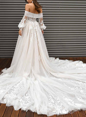 Gorgeous Long Puff Sleeve Beach Tulle Lace Wedding Dresses Mychicdress
