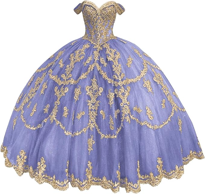lavender Gold Sweet 16 Dress Tulle Lace Quince Dress Vestidos de 15 Años Off Shoulder Mychicdress