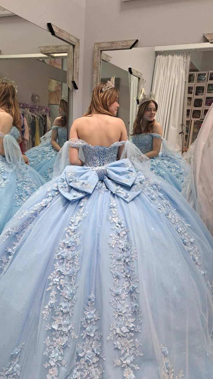 Light Blue Lace Quinceanera dress with bow 3D FLowers Sweet 16 ball gowns