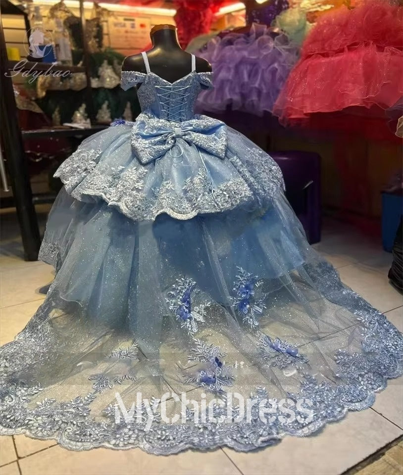 Mychicdress Light Blue Mini Quince Dresses For Little Girl Lace Appliqué Fluffy Tulle