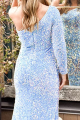 Light Blue Prom Dress Sequin One Shoulder Evening Gown Mermaid with Slit Mychicdress