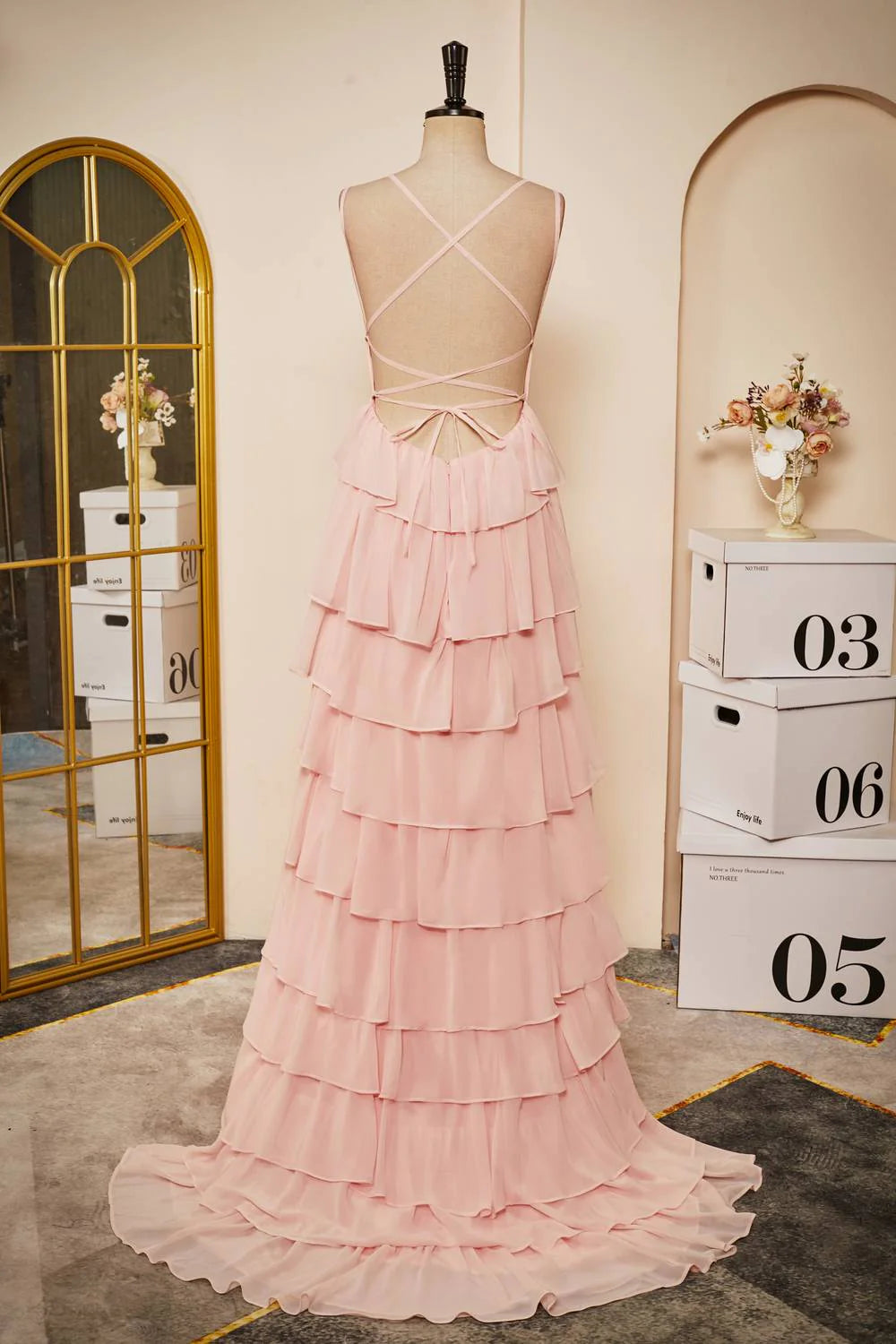 Light Pink Ruffle Evening Dress Chiffon Tiered Wedding Guest Dresses