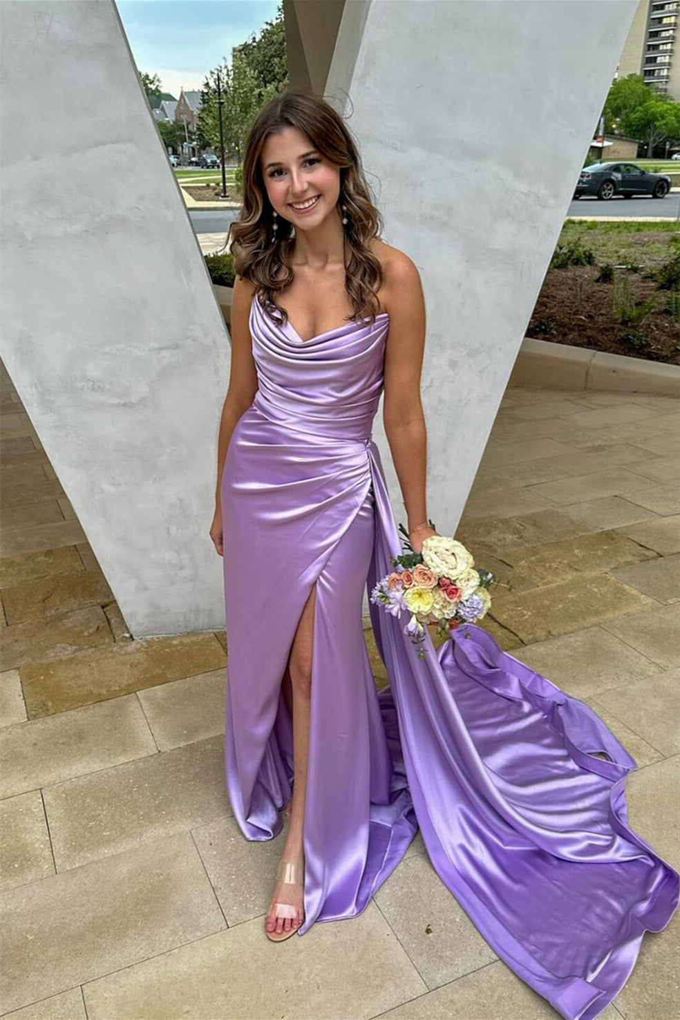 Lilac Prom Dress Strapless Ruched Fitted Formal Gown with Train