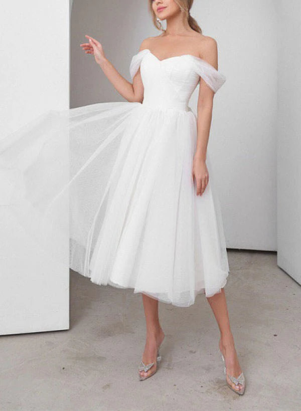 Little White Tulle Beach Wedding Short Dresses Off-The-Shoulder Mychicdress