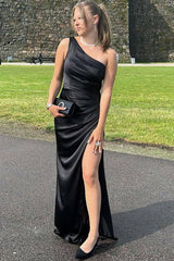 Long Black Prom Dress One Shoulder Satin Mermaid Formal Gown with Slit