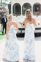 Long Blue Beach Floral Bridesmaid Dress Print Spaghetti Strap  Mychicdress