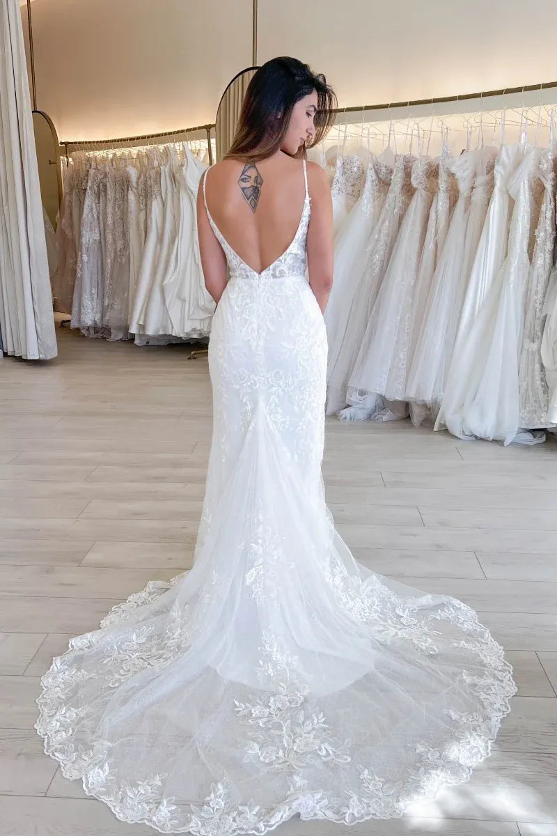 Long Corset Lace Wedding Dresses Mermaid V Neck Backless