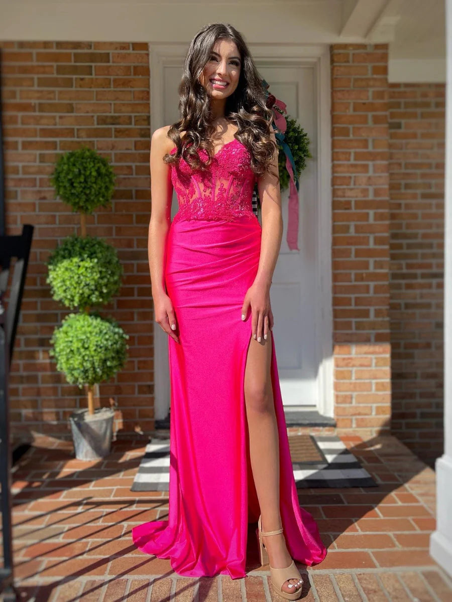 Long Fuchsia Prom Dresses Corset Formal Gown Bodice Fitted