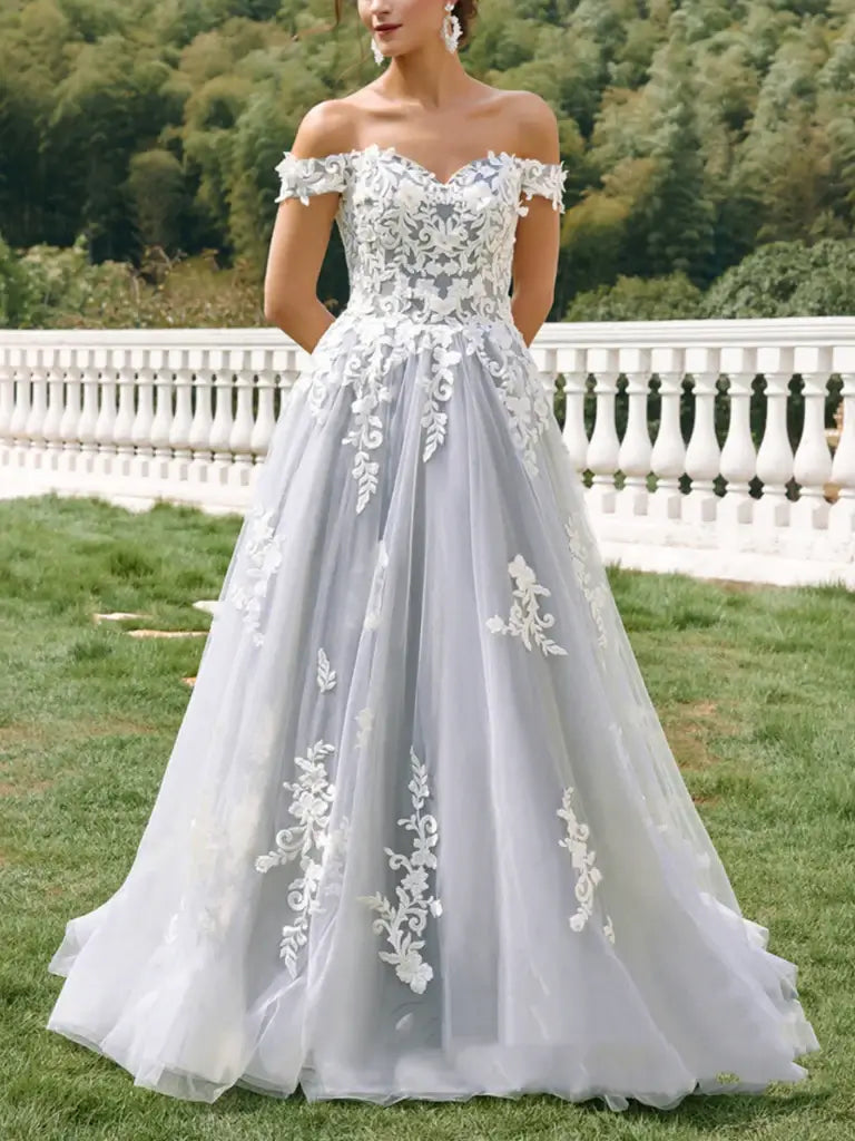 Long Gray Lace Prom Dresses A Line Formal Dresses Off Shoulder