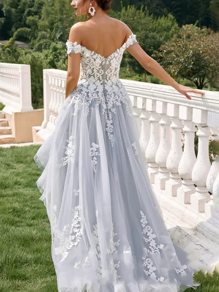 Long Gray Lace Prom Dresses A Line Formal Dresses Off Shoulder