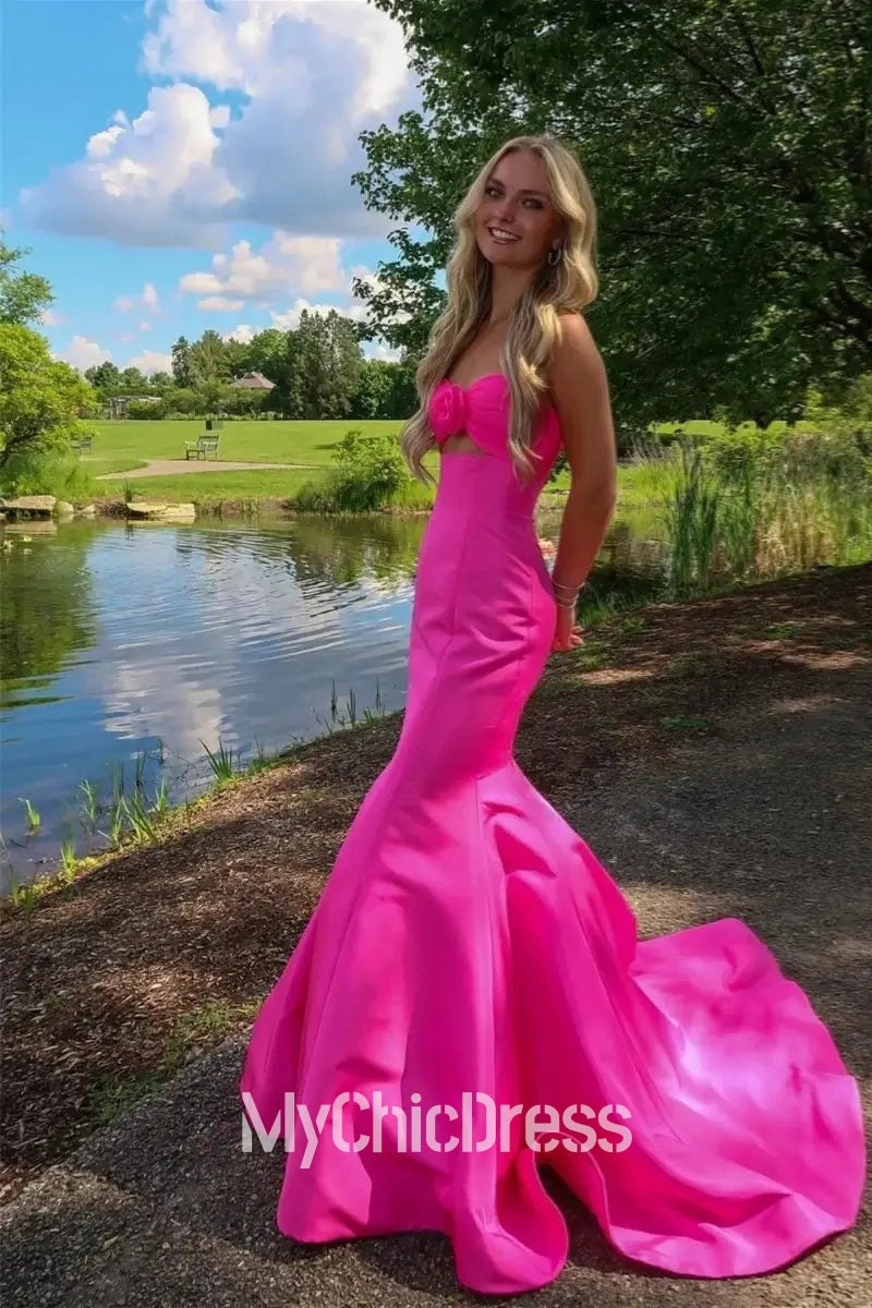 Long Hot Pink Satin Prom Dress with Flower Mermaid Sweetheart