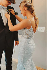 Long Lace Corset White Formal Dresses Mermaid Spaghetti Straps
