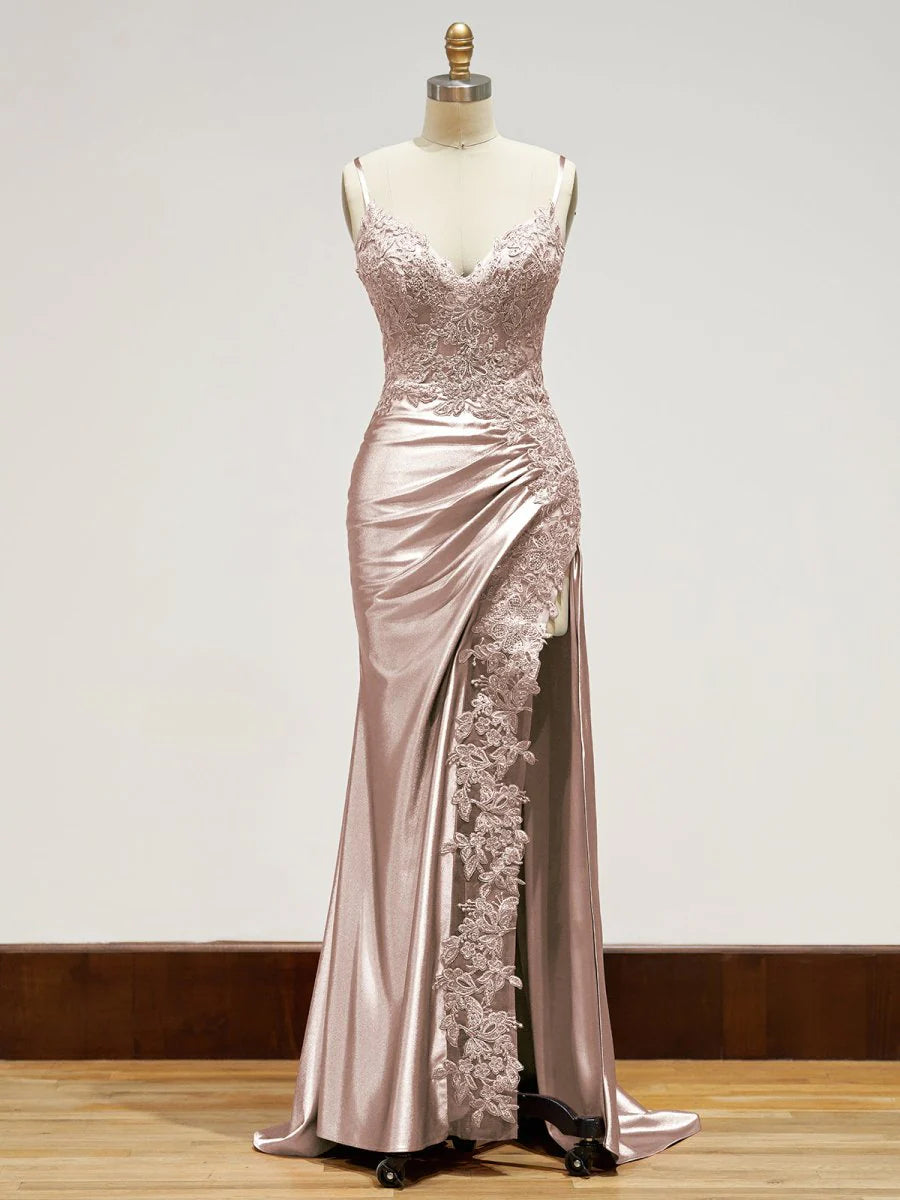 Pink evening gown with lace Long Formal Dress