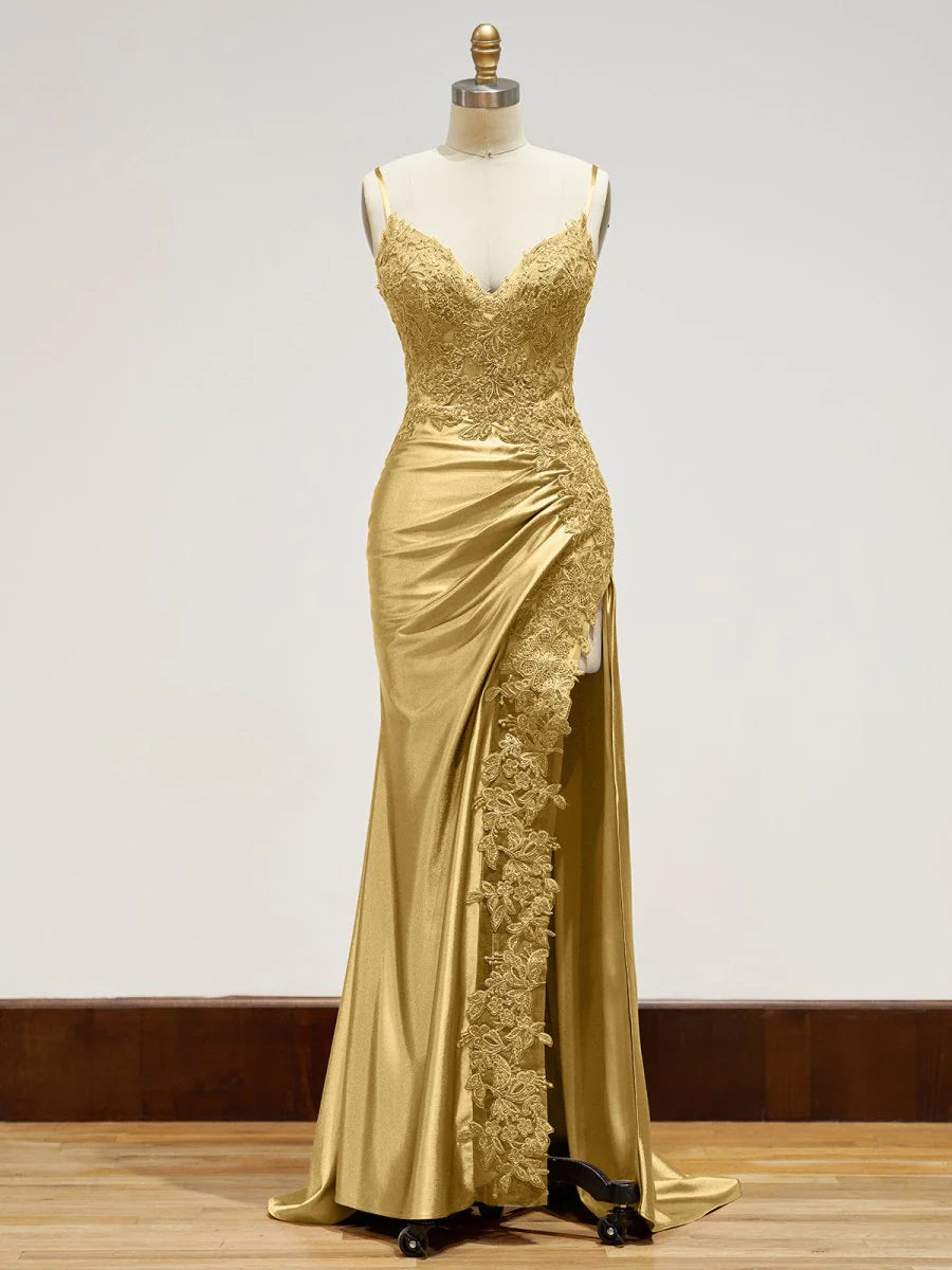 Gold evening gown Long Lace Formal Dress Appliques with Slit