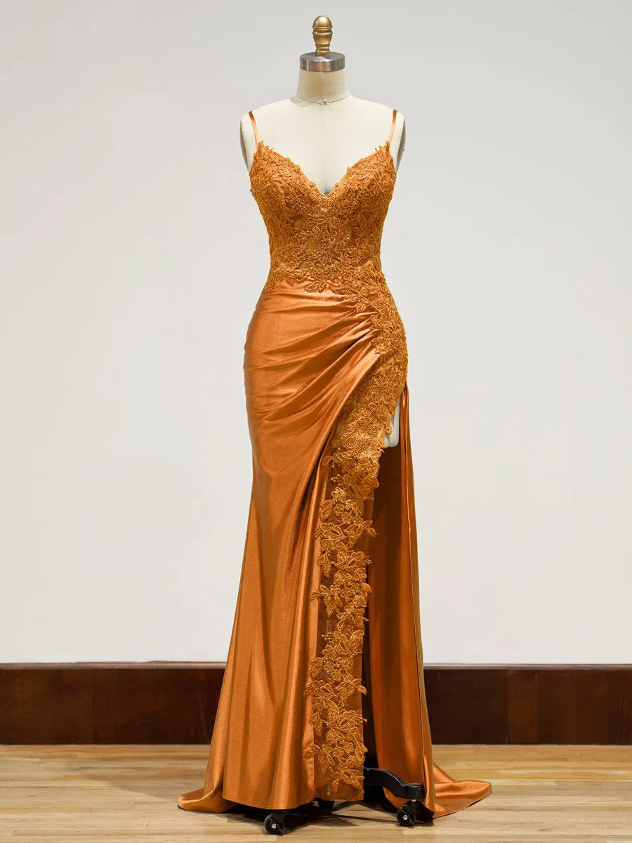 Orange evening gown Long Lace Formal Dress Appliques with Slit