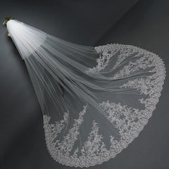 Long Lace Wedding Veil Ivory Cathedral Veil with Blusher