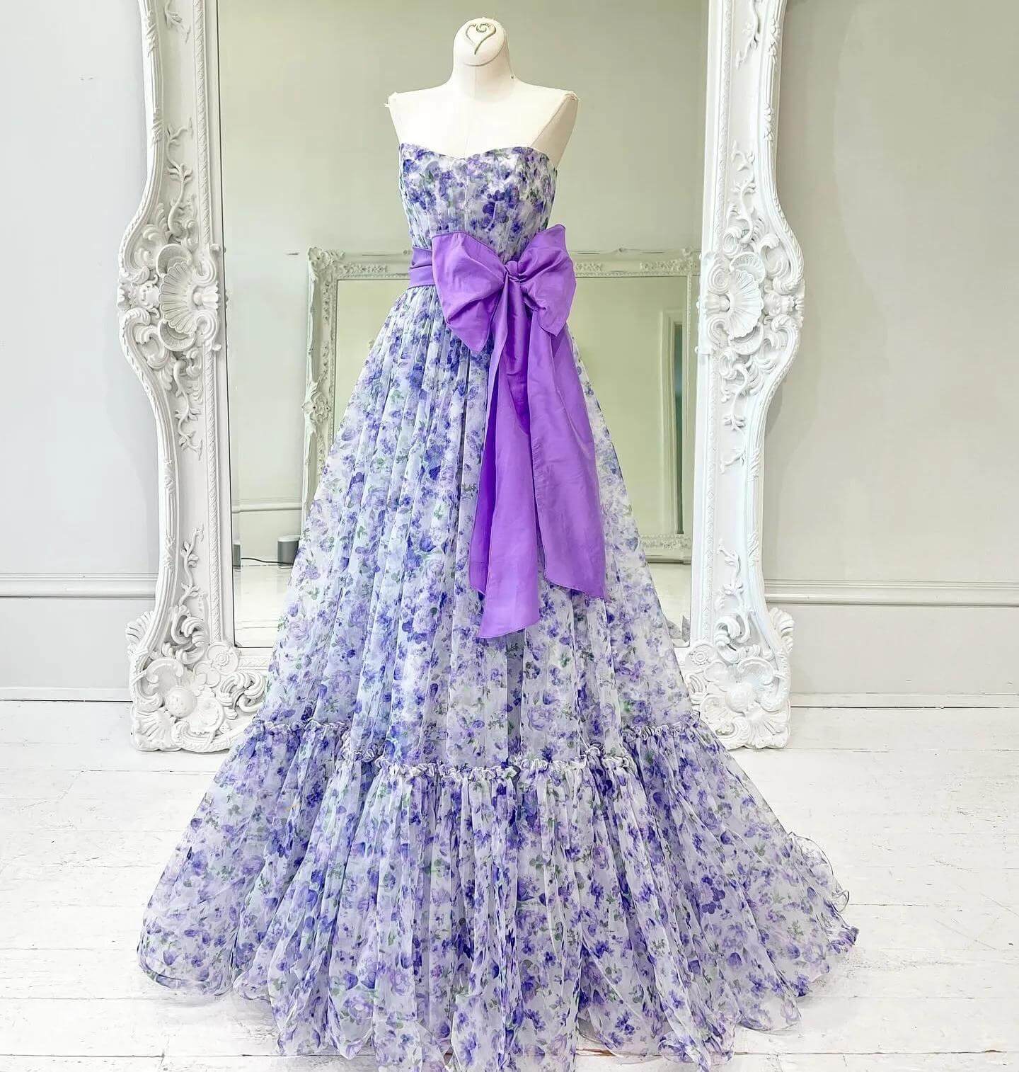 Long Purple Floral Prom Dresses Strapless Evening Gown with Bow