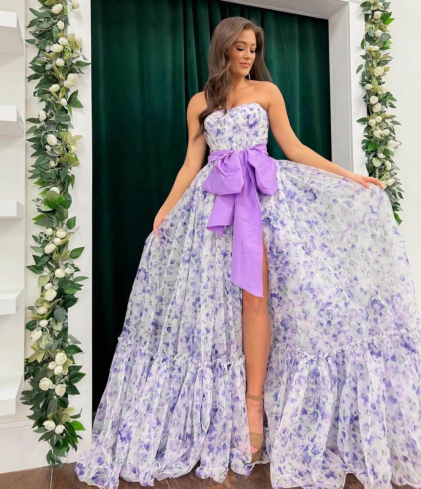 Long Purple Floral Prom Dresses Strapless Evening Gown with Bow