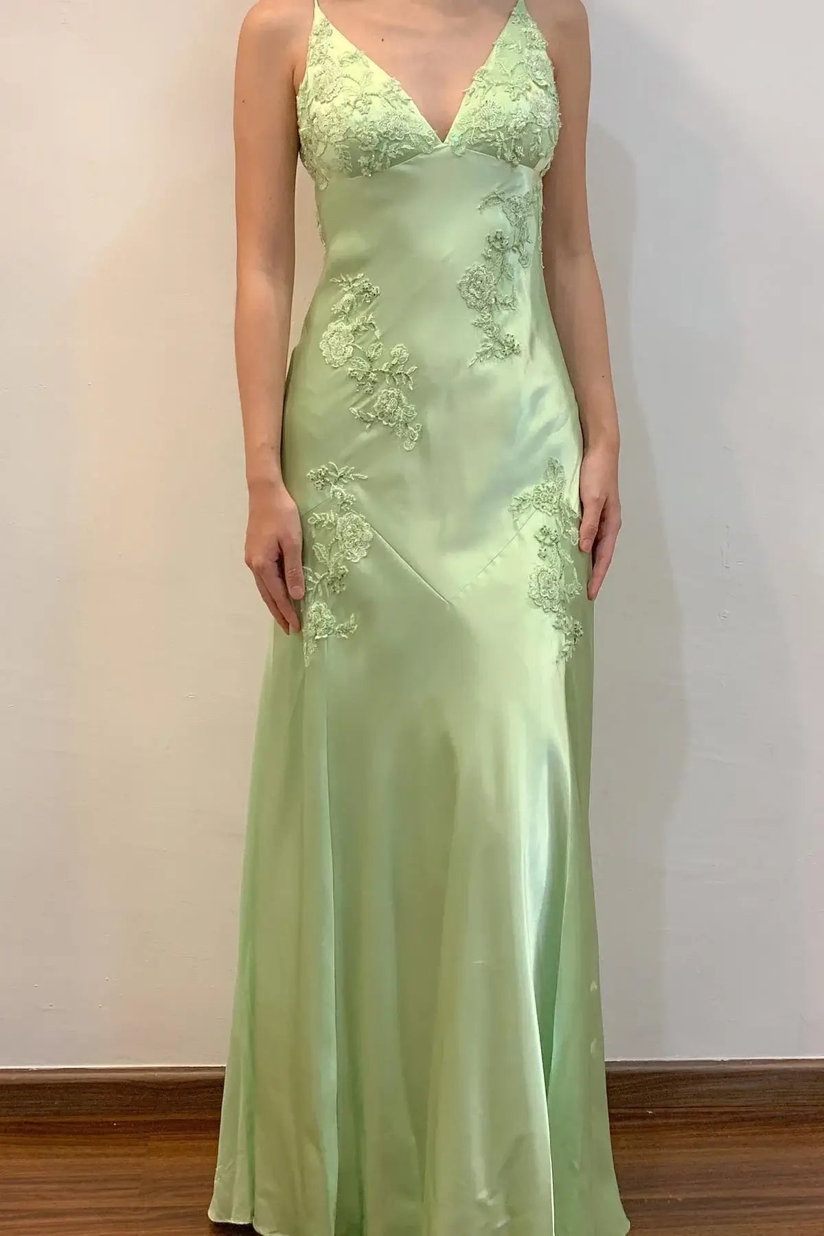 light green evening gown with floral embroidery