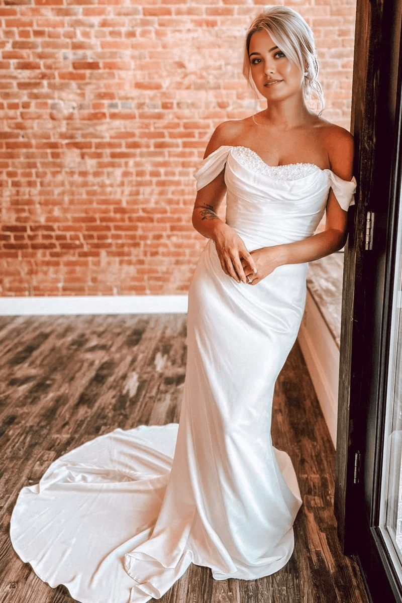 Long Mermaid Garden Wedding Dress Satin Pearls Off-the-Shoulder