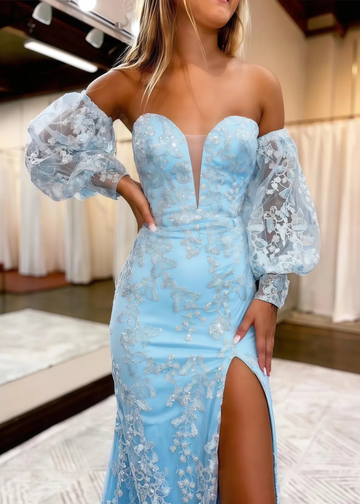 Long Mermaid Lace Flowers Blue Prom Dress with Bubble Sleeves Mychicdress
