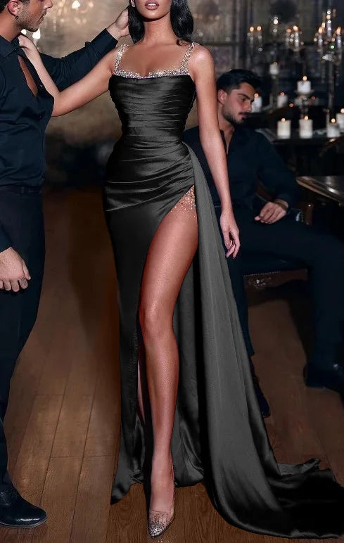 Long Mermaid black evening Dress Square Neck Formal Dress Straps With Beadings