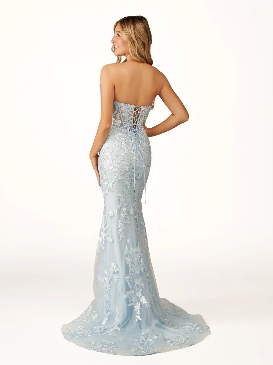 Long Mermaid Strapless Blue Prom Dresses Appliques with Bow