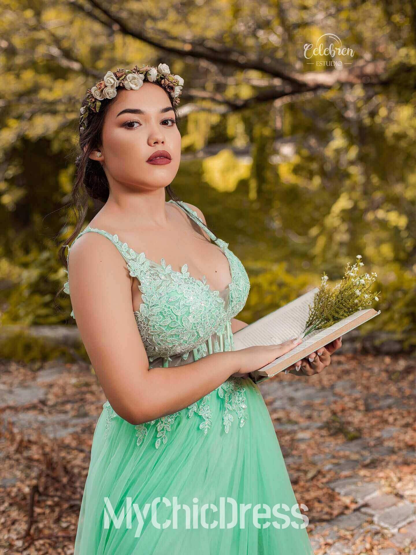 Long Mint Green Lace Prom Dresses A Line Corset Sweet 16 Dress