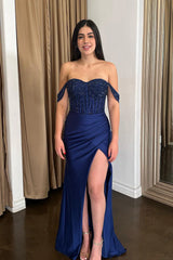 Cheap Navy Blue Prom Dresses Corset Off The Shoulder with Slit